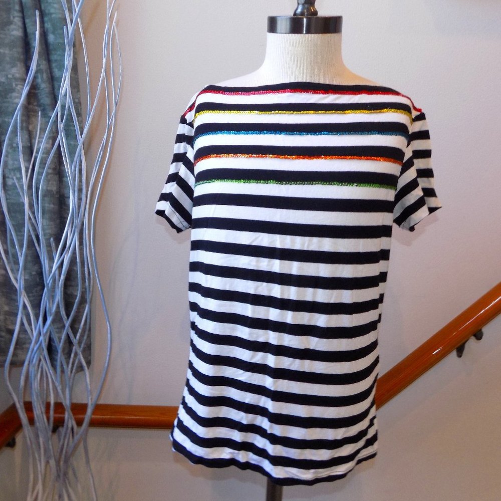 BREEZE Black & White Stripe Top Sequin Detail Size Medium